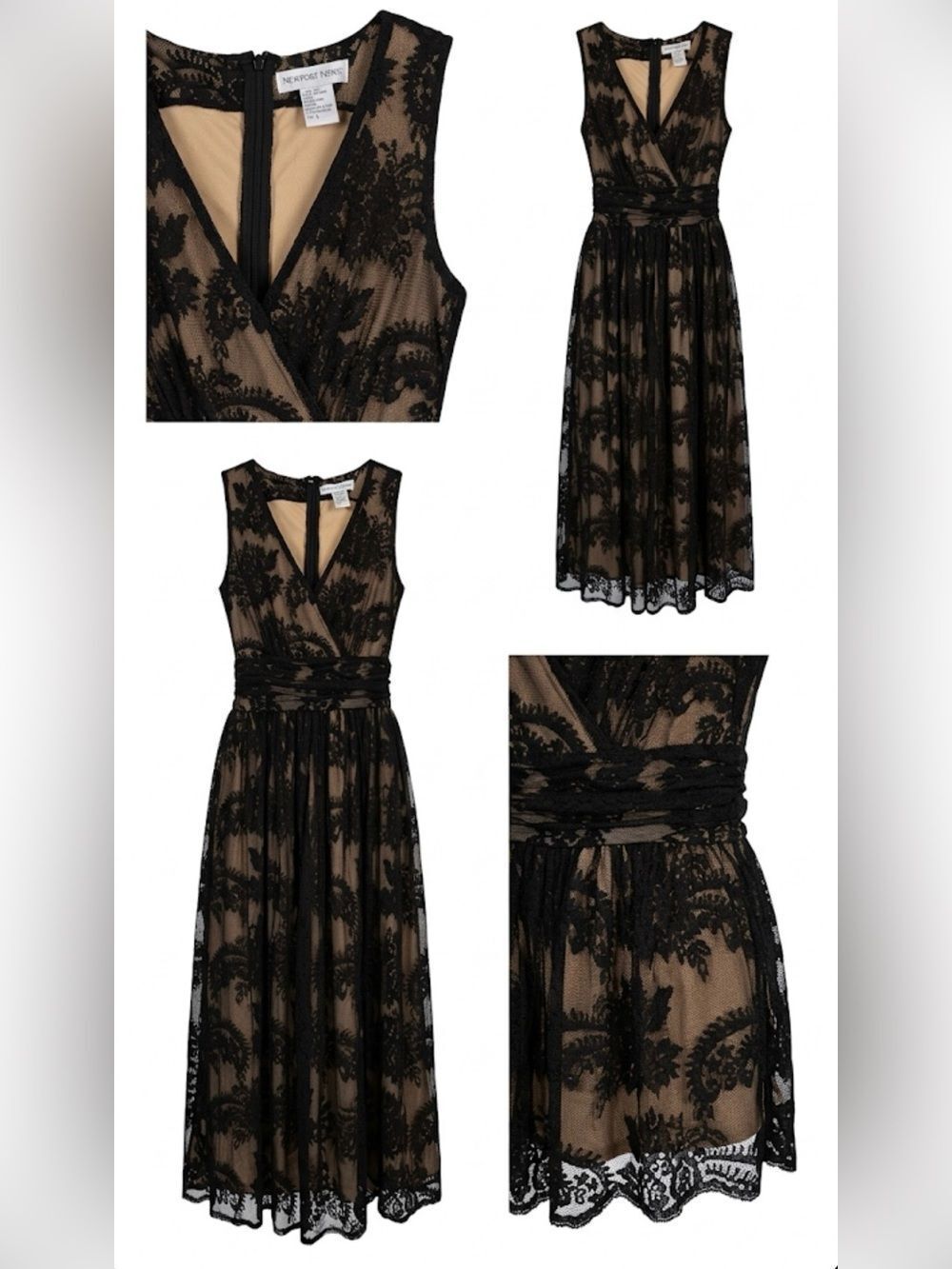 Vintage 90s Newport News Black Lace Midi Dress 6 Nude Lining 1995 Deadstock NWOT - Picture 6 of 8